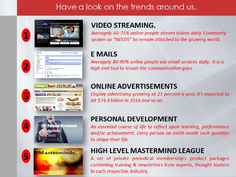 VIDEO STREAMING. Averagely 60-75% online people stream videos daily. Commonly spoken as “NEEDS” to